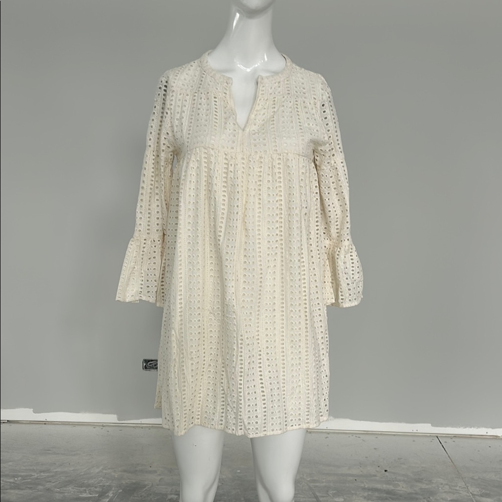 Warm Cream Long Sleeve Eyelet Dress
